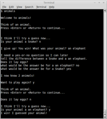 Traditional AI animal guessing engine using a binary tree DB
