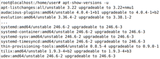 apt-show-versions -u (Print only upgradeable packages)