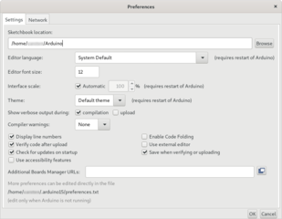 Preferences dialog of Arduino.
