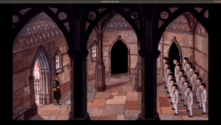 Three lines of mannequins stand in a church