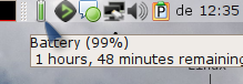 Battery Status Icon. Battery has 99%. 1 hours, 48 minutes remaining.