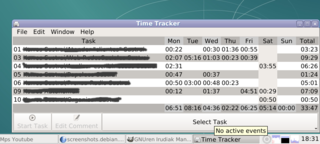 Charm Time tracker version 1.11.1 on Icewm. Taskbar icon with "no active events"