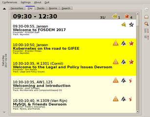 ConfClerk showing talks at FOSDEM 2017 (with favourites and conflicts)