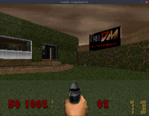 Crispy Doom playing FreeDM MAP01, demonstrating Crispy's custom status bar