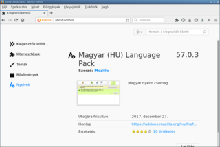 Hungarian language pack Firefox version 57.0.3