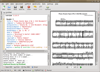 LilyPond sheet music text editor