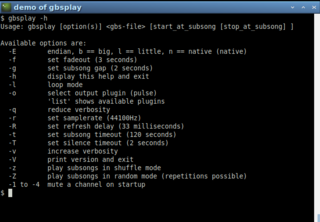 gbsplay showing list of available command-line arguments