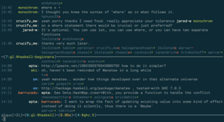 glirc in vertical split screen mode showing two channels