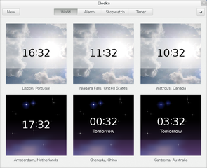 Simple GNOME app with stopwatch, timer, and world clock support