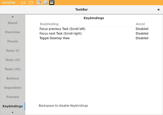 TaskBar on top panel and preferences 'Keybindings' tab