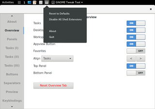 TaskBar on top panel with Task Menu and preferences 'Overview' tab