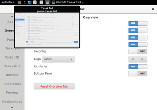 TaskBar on top panel with Task Window Preview and preferences 'Overview' tab