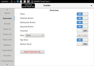 TaskBar on top panel with Task Label and preferences 'Overview' tab
