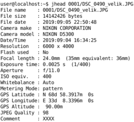 and print: GPS Latitude, GPS Longitude, GPS Altitude, Comment