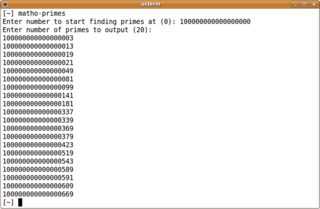 Prime number generator running in uxterm