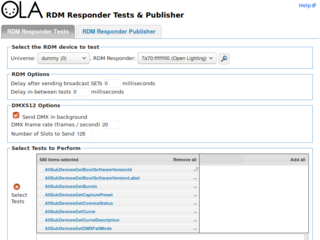 RDM Responder Tests test selection screen