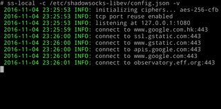Working shadowsocks-libev client in verbose mode.