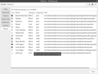 Shutter preferences tab showing default plugin set