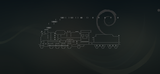 sl running in a semi-transparent terminal with debian logo in the background