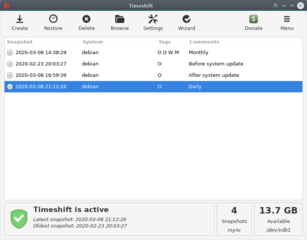 Timeshift main window showing existing snapshots of the system.