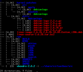 displays an indented directory tree, in color