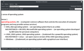 wordnet-gui showing the results of a search for "operating system"