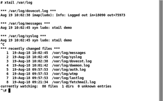 follows log files in /var/log, Ctrl-C shows recently changed files, Ctrl-\ exit