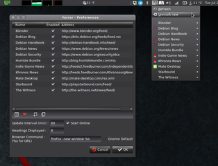 Yarssr open on the panel and the preferences dialog shown